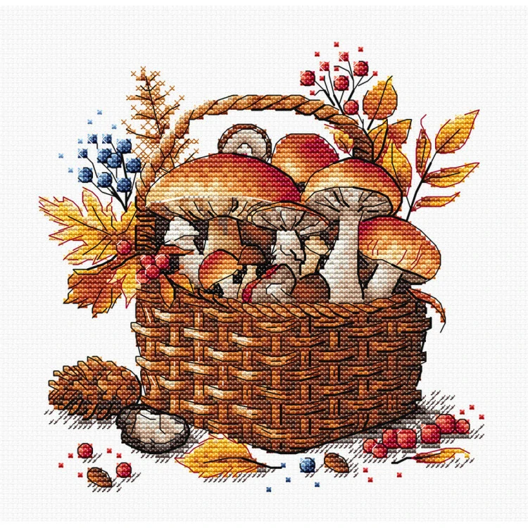 AVA STITCH Basket of Autumn Mushrooms P097