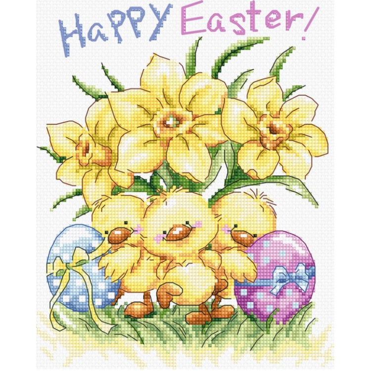 LETISTITCH THREE CHICKS WITH DAFFODILS AND EGG