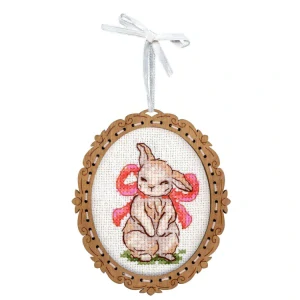 M.P.STUDIA Cross-stitch on wooden base. Miniature. Bunny with a bow O-128
