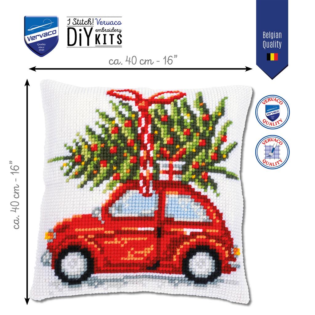VERVACO CROSS STITCH CUSHION KIT CHRISTMAS CAR