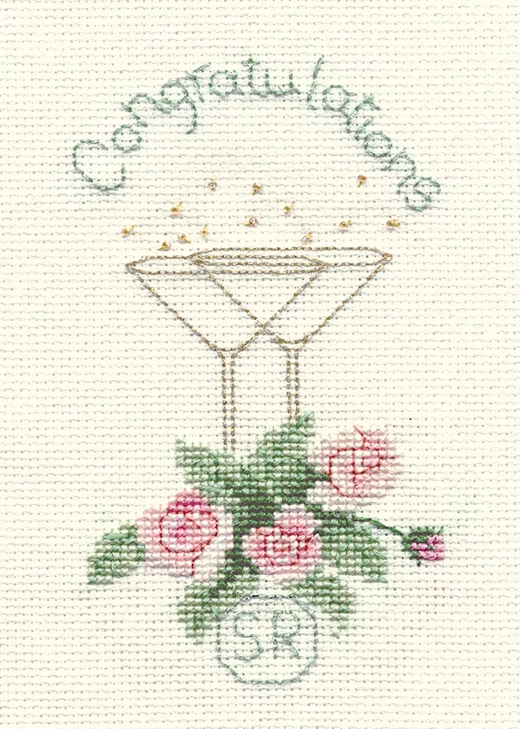 BOTHY THREADS CROSS STITCH KIT GREETING CARD-ROSE AND CHAMPAGNE