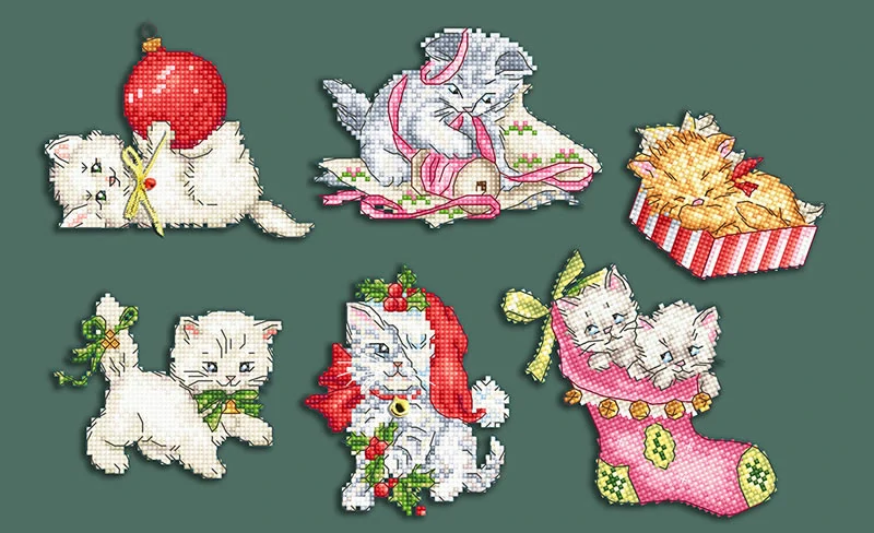 LETISTITCH Cross stitch chart Christmas Kitties 6 pcs.Ornaments