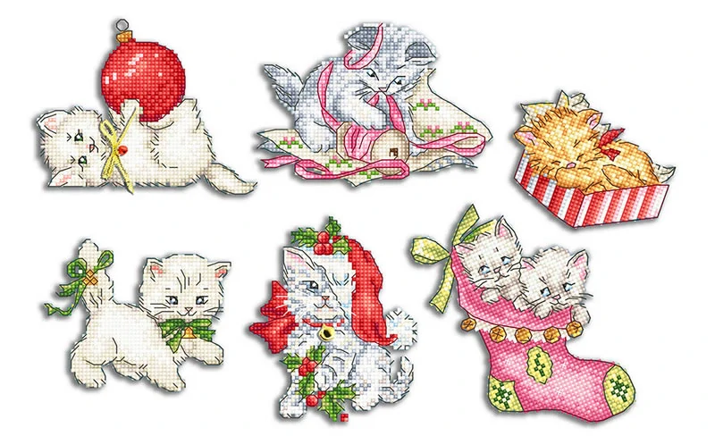 LETISTITCH Cross stitch chart Christmas Kitties 6 pcs.Ornaments