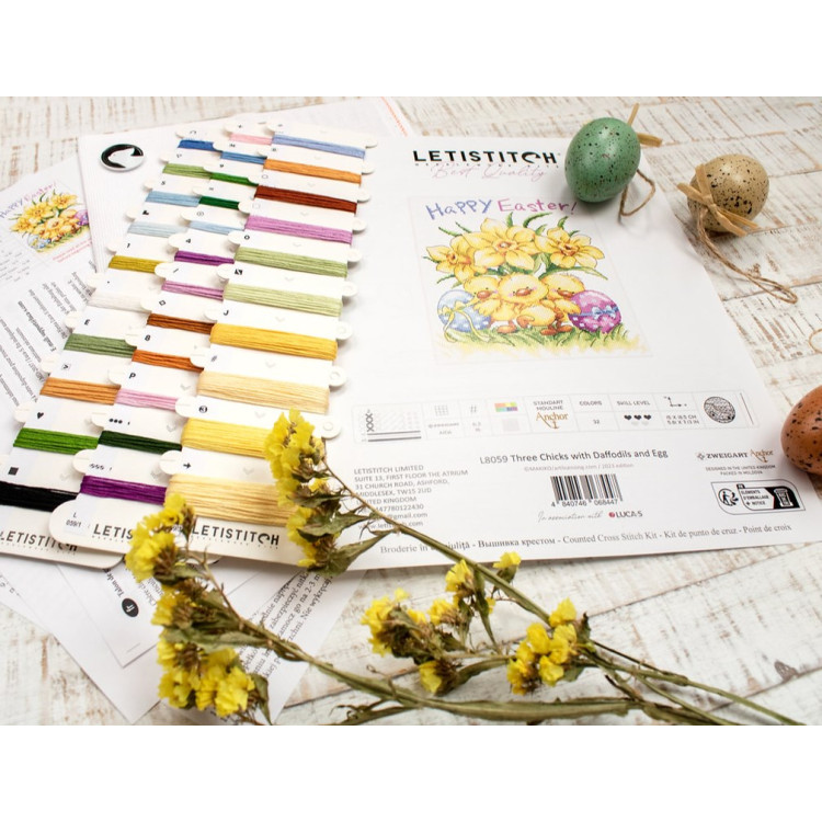 LETISTITCH THREE CHICKS WITH DAFFODILS AND EGG