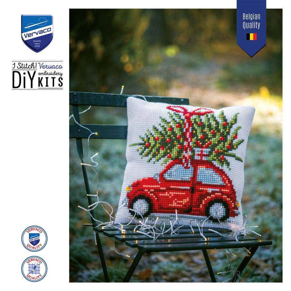 VERVACO CROSS STITCH CUSHION KIT CHRISTMAS CAR