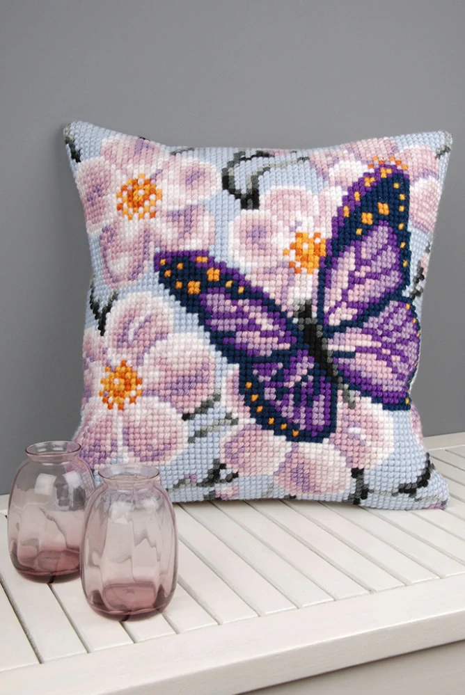 VERVACO Cross stitch cushion kit Purple butterfly PN-0008501
