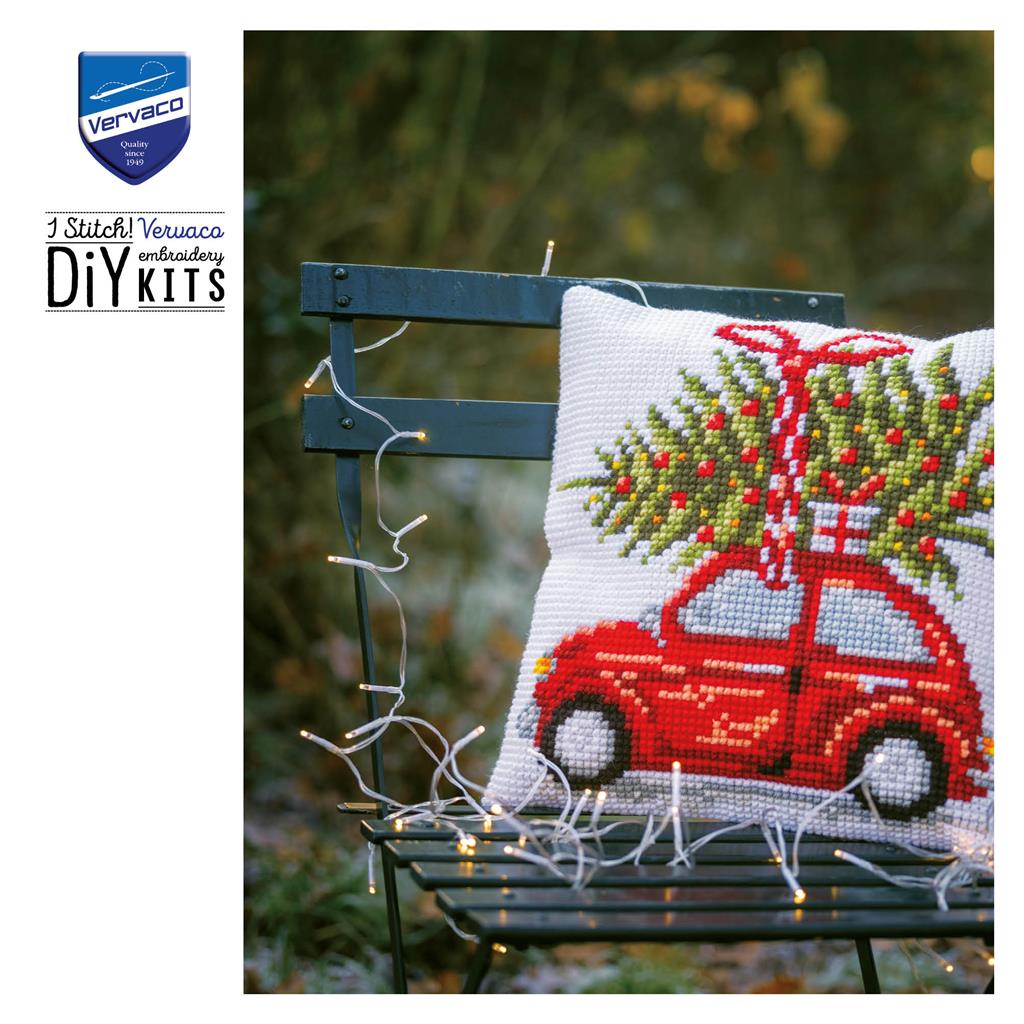 VERVACO CROSS STITCH CUSHION KIT CHRISTMAS CAR