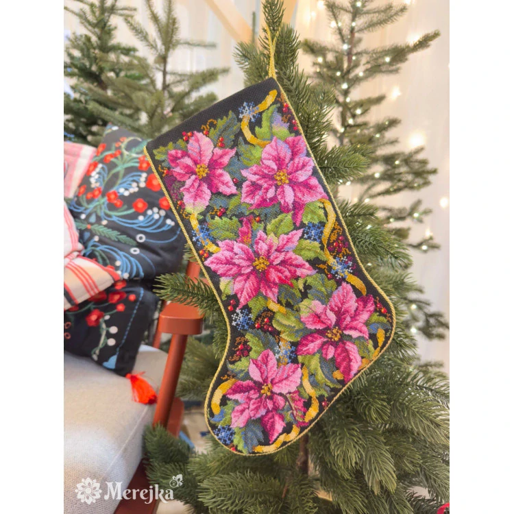 MEREJKA Pink Poinsettia Christmas Stocking