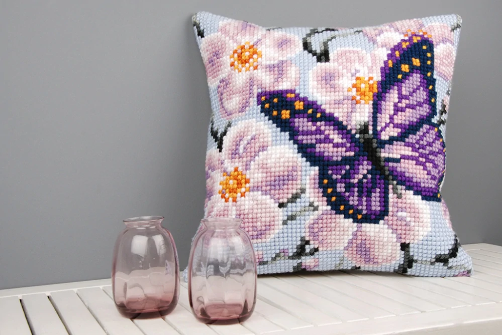 VERVACO Cross stitch cushion kit Purple butterfly PN-0008501
