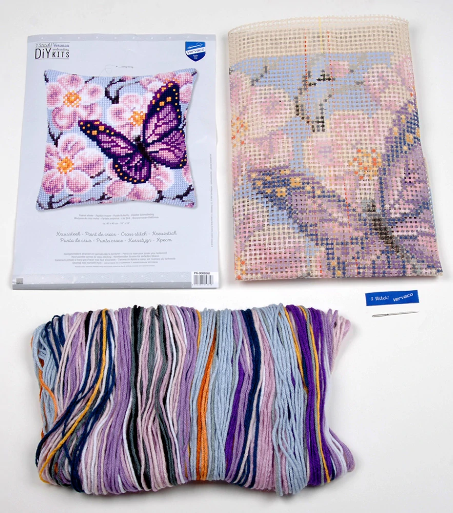 VERVACO Cross stitch cushion kit Purple butterfly PN-0008501